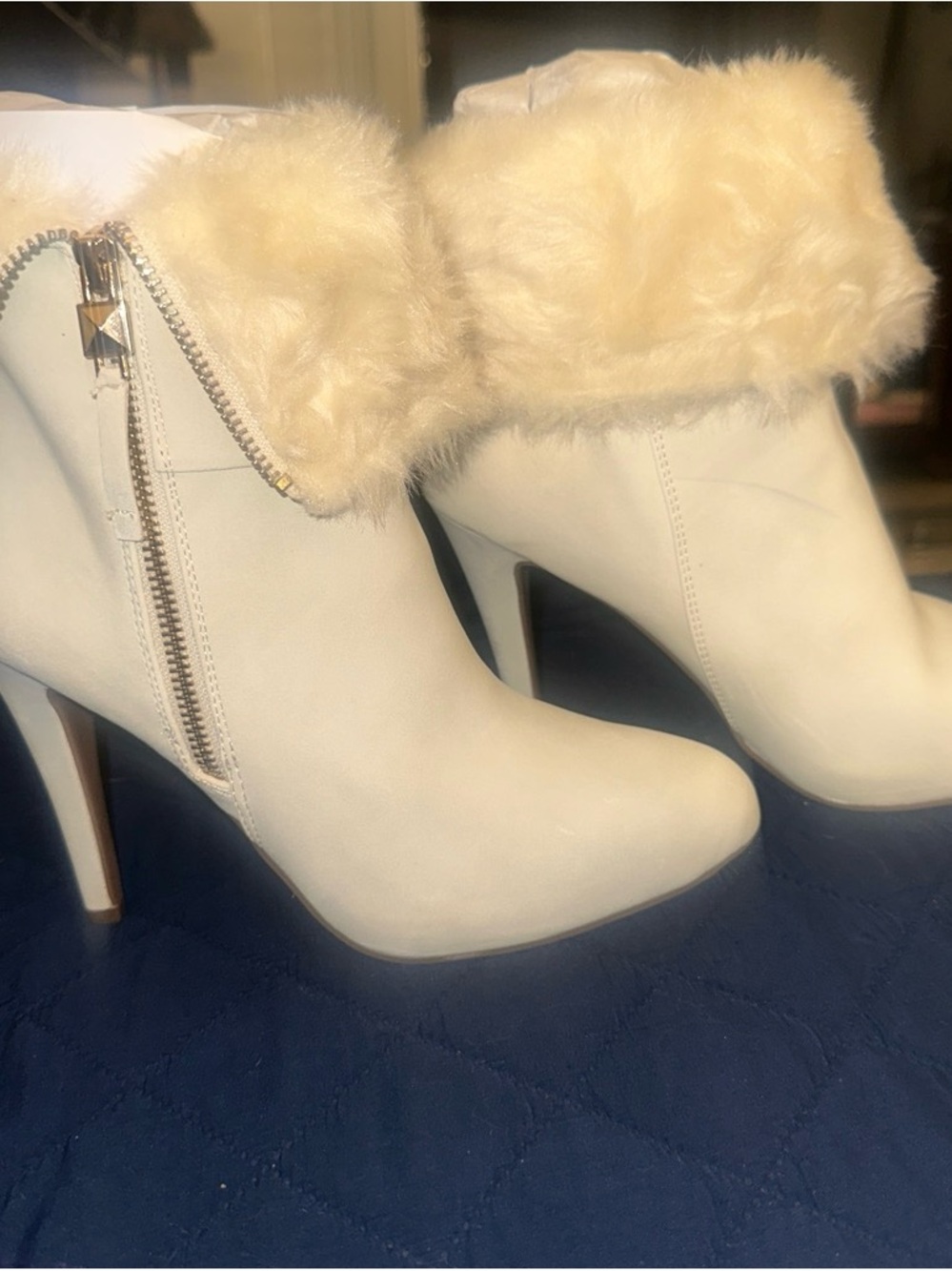 Jennifer Lopez Cream Faux Fur Cuff High-Heel Ankle Boots